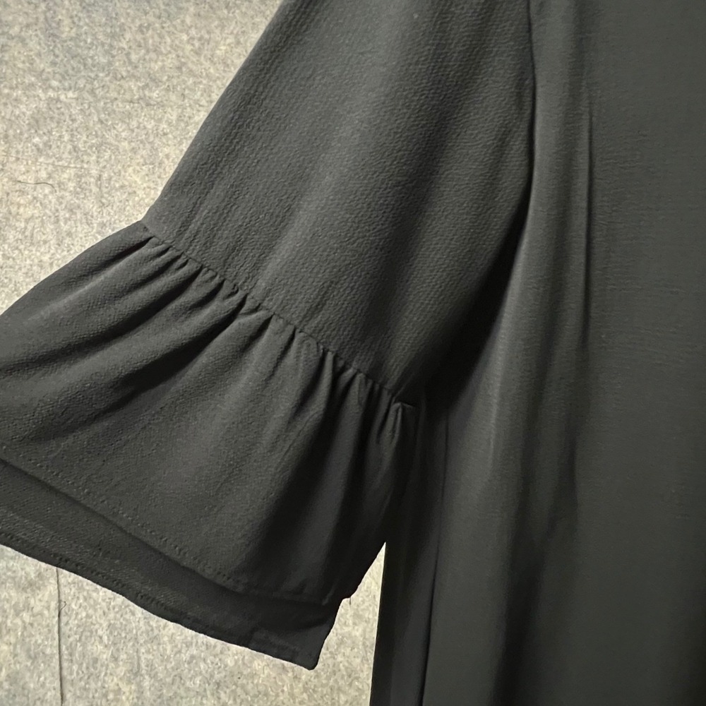 Belongsci Shift Dress Womens LG Black Crepe V-Neck Ruffle Bell Sleeve Solid New - Picture 3 of 10